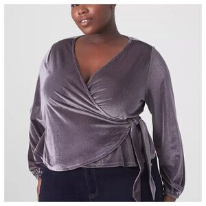 Classic Blouson-Sleeve Surplice Tie Velour Top